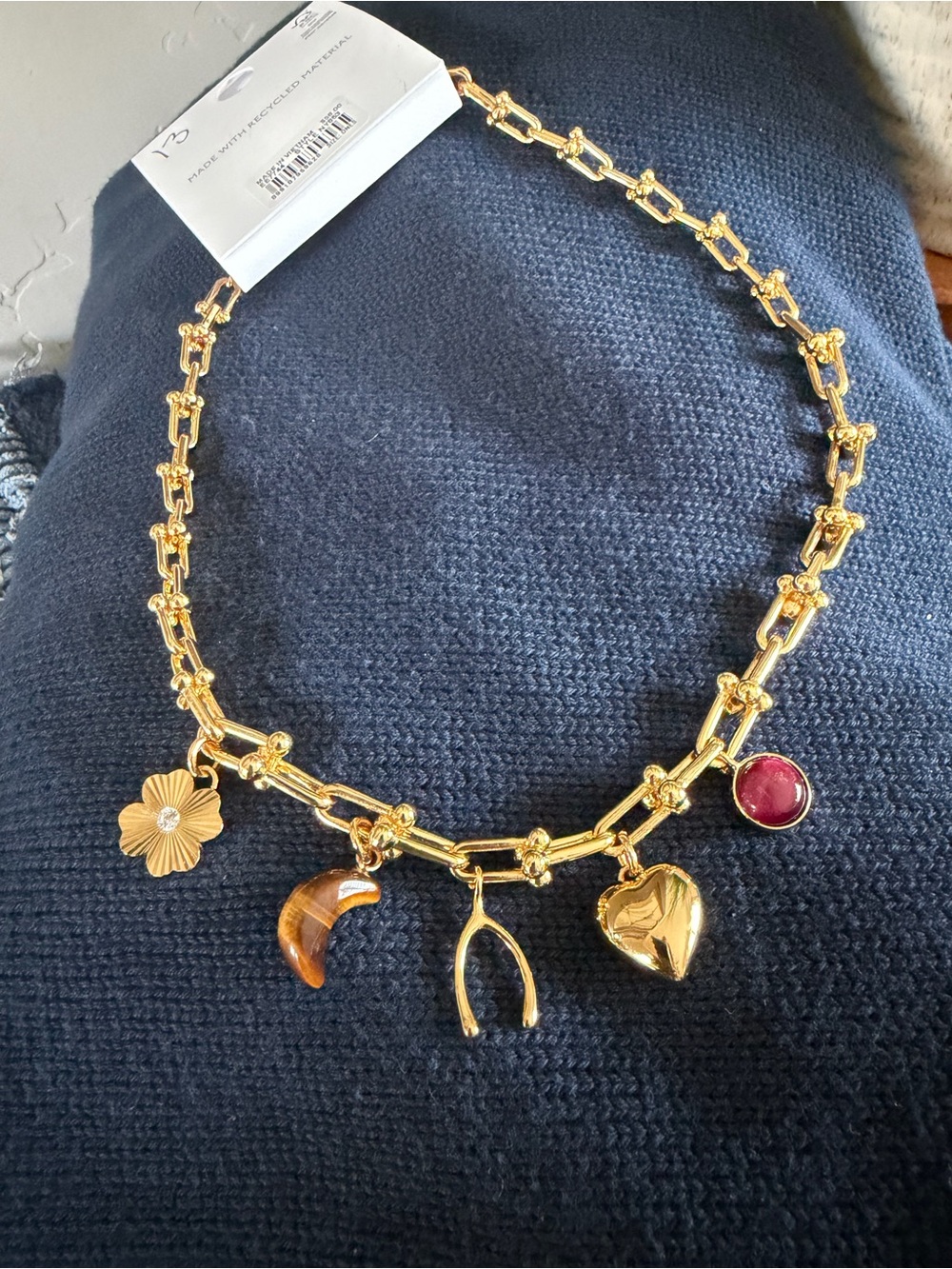 Madewell Semiprecious Charm Necklace Gold Tone Tiger Eye Moon Heart Wishbone NWT